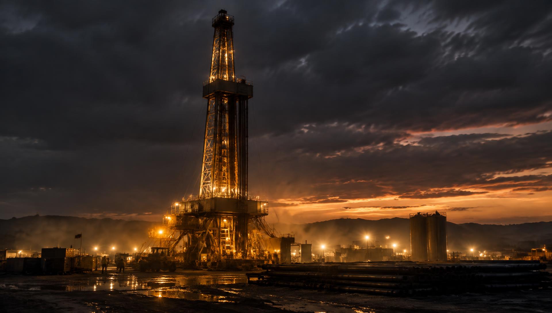 Drilling rig operating at dusk